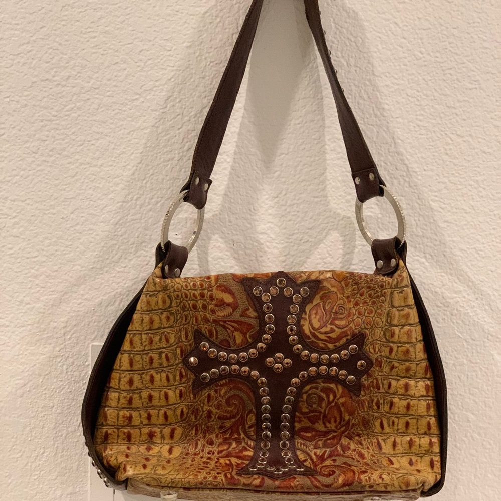 Brown crocodile and rhinestone shoulder bag